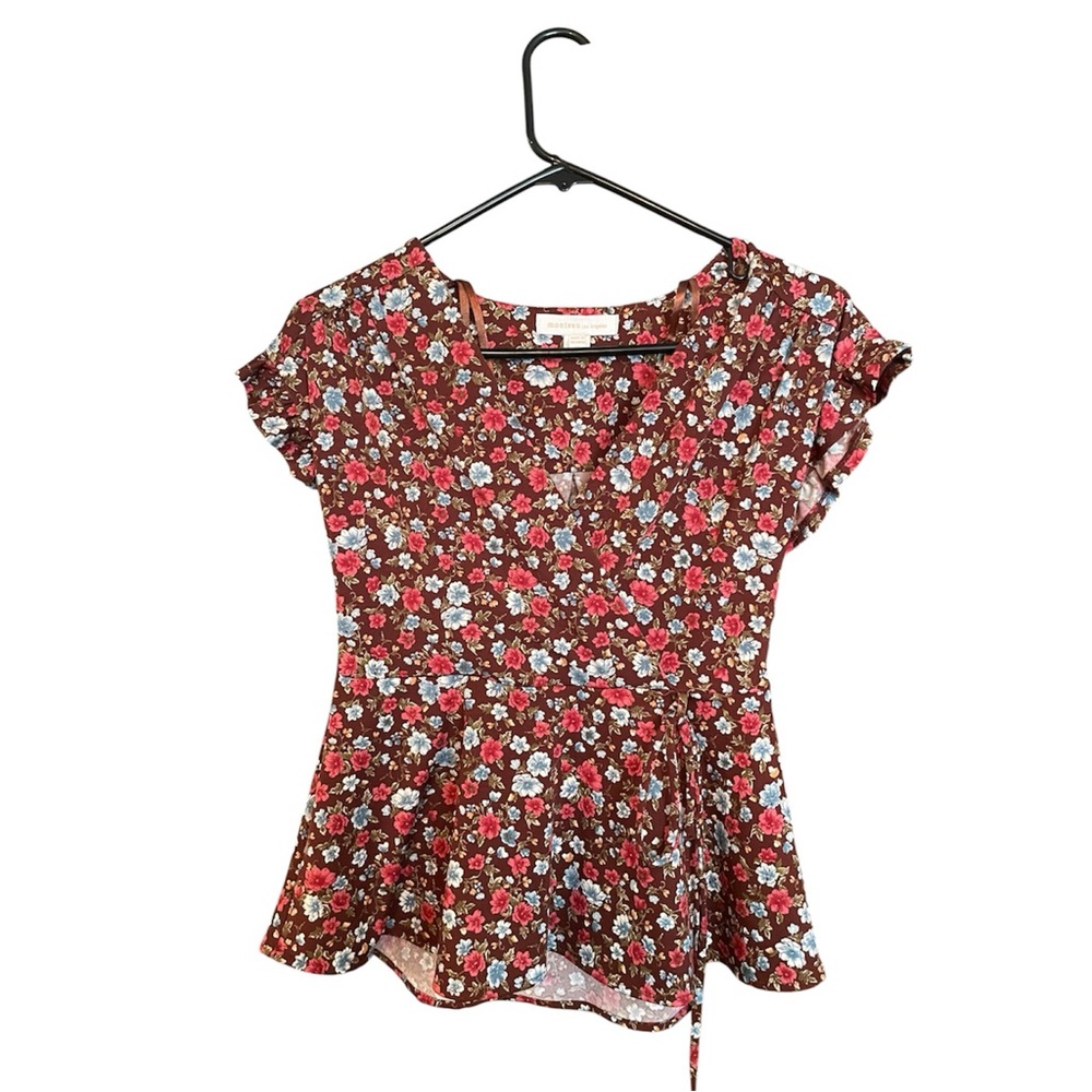 Monteau Floral Wrap Peplum Top - Brown with Pink & Blue Flowers